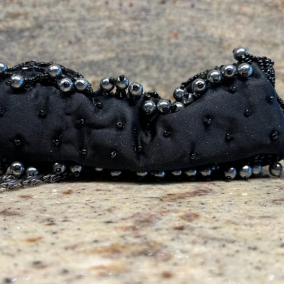 Mini-Purse: Black and Silver Beads, Black Sequins, & Gunmetal Gray Chain Strap - Picture 12 of 15